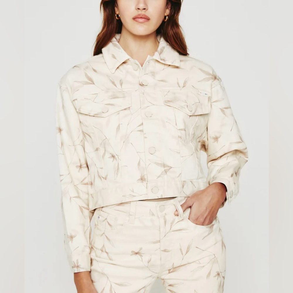 AG Adriano Goldschmied Denim JACKET Mirah Almond Biscotti Floral Womens Sz M NEW